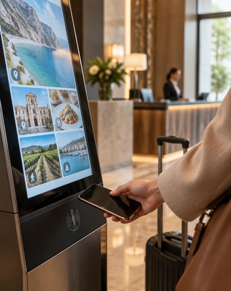 Hotel guest tapping a phone on a digital tourism display